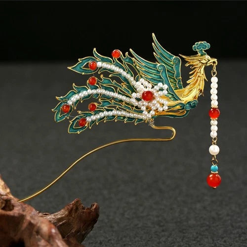 Chinese Hanfu Blue Enamel Phoenix Tassel Hairpin Vintage Style Jewelry 07FC0E-D4 - KOEEK