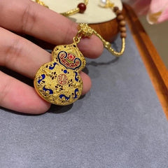 Vintage Cloisonné Gold Gourd Pendant - Chinese Lucky Enamel Sweater Chain Women 07FC0E-D4 - KOEEK