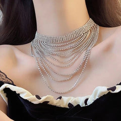 Silver Rhinestone Tassel Layered Choker Necklace Collar Jewelry for Women 07FC0E-D4 - KOEEK