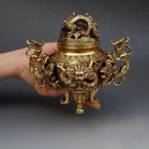 7" Chinese Brass Gilt 9 Dragon Incense Burner Censer Incensory Burner Statue 07FC0E-D4 - KOEEK
