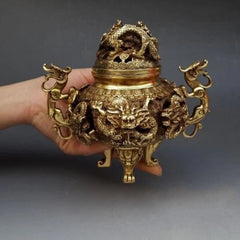 7" Chinese Brass Gilt 9 Dragon Incense Burner Censer Incensory Burner Statue 07FC0E-D4 - KOEEK