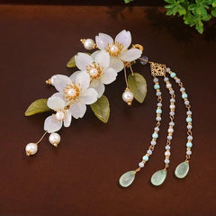 Chinese Style Hanfu Headpiece Floral Tassel Side Hair Clip Glass Petal Accessory 07FC0E-D4 - KOEEK
