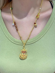 Vintage Cloisonné Gold Gourd Pendant - Chinese Lucky Enamel Sweater Chain Women 07FC0E-D4 - KOEEK