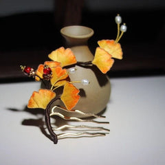 Chinese Style Ginkgo Velvet Flower Hairpin Hanfu Qipao Traditional Hair Jewelry 07FC0E-D4 - KOEEK