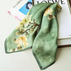 Silk Scarf Women Vintage Green Flowers Kerchief Square Bandana Wrap 68*68cm 07FC0E-D4 - KOEEK