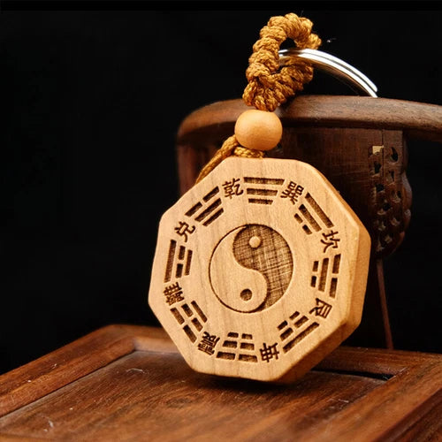 Taomu Taiji Yin Yang Bagua Mirror Keychain Necklace Pendant Bagua Wood Carving 07FC0E-D4 - KOEEK