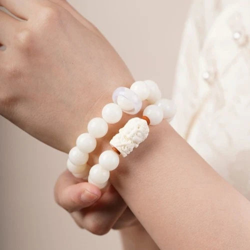 White Jade Bodhi Bracelet Double Circle White Tara Hand String Buddha Beads 07FC0E-D4 - KOEEK