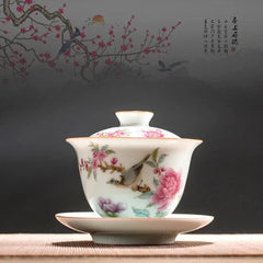 Chinese Gaiwan Ceramic Tea Bowl with Saucer, Handmade Hand-painted Tea Set 07FC0E-D4 - KOEEK