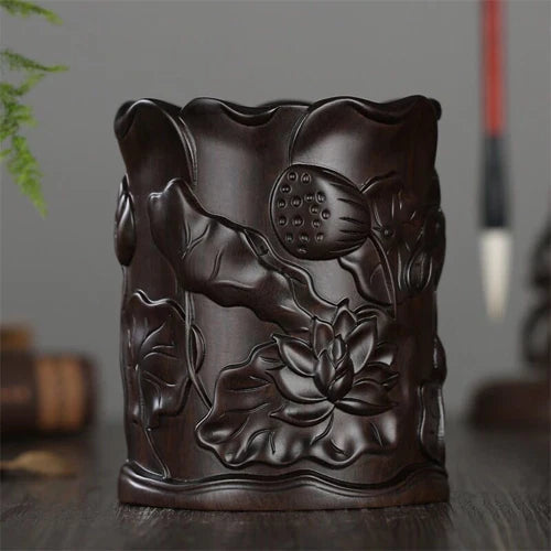 Ebony Wood Lotus Pen Holder Wooden Desk Organizer Carved Wood Craft 1pc 07FC0E-D4 - KOEEK