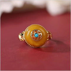 Yellow Glass Pi Xiu Ring Vintage Adjustable Wealth Ring for Women 07FC0E-D4 - KOEEK
