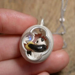 Moonstone Pendant Necklace Panda Garden Motif Cold Enamel Long Jewelry 07FC0E-D4 - KOEEK