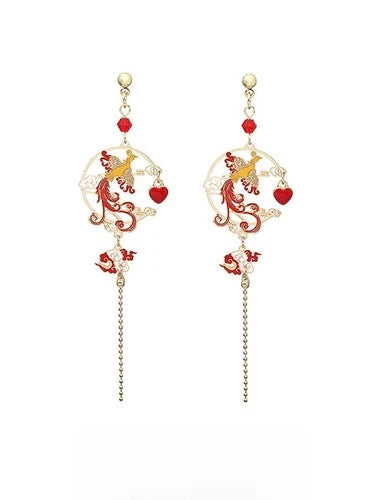 Chinese Style Hanfu Earrings Red Phoenix Peacock Long Ear Hooks Vintage Jewelry 07FC0E-D4 - KOEEK