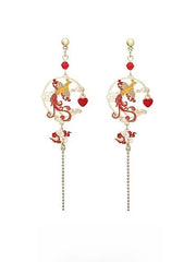 Chinese Style Hanfu Earrings Red Phoenix Peacock Long Ear Hooks Vintage Jewelry 07FC0E-D4 - KOEEK
