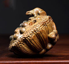 Green Sandalwood Carved Lotus Frog Statue Hand Carving Art Sculpture Decor 07FC0E-D4 - KOEEK