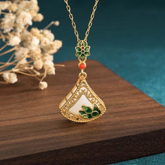 Gold Plated Fan Shape Imitation Hetian Jade Necklace Vintage Style Gift 07FC0E-D4 - KOEEK