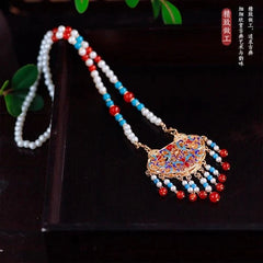 Chinese Cloisonne Blue Enamel Necklace Ethnic Hanfu Jewelry Elegant Accessory 07FC0E-D4 - KOEEK