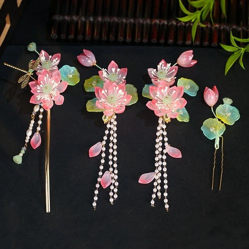 Lotus Buyao Tassel Hair Pin Set Chinese Style Updo Hair Accessory 07FC0E-D4 - KOEEK