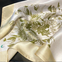Silk Scarf Bandana Women Yellow Beige Flowers Neckerchief Turban 53*53cm 07FC0E-D4 - KOEEK