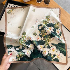 Silk Scarf Women Beige Green Flower Head Bandana Small Kerchief Turban 53cm 07FC0E-D4 - KOEEK