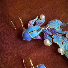 Enamel Imitation Kingfisher Koi Fish Earrings Pearl Chinese Style Jewelry Gifts 07FC0E-D4 - KOEEK