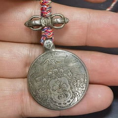 Tibetan White Copper Nine Palaces Tag Mahakala Wealth God Bag Charm with Rope 07FC0E-D4 - KOEEK