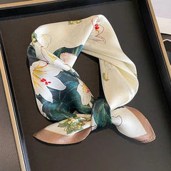 Silk Scarf Women Beige Green Flower Head Bandana Small Kerchief Turban 53cm 07FC0E-D4 - KOEEK