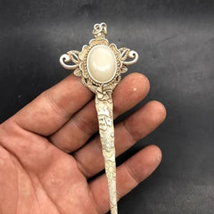 White Jade Inlaid Old Tibetan Silver Hairpin,Chinese Old Craft Made 07FC0E-D4 - KOEEK