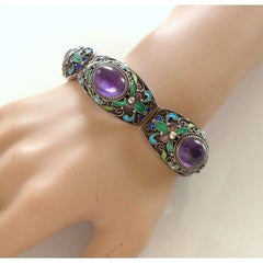 Chinese Silver Filigree Enamel Amethyst Bracelet Ring Set Jewelry Women Men Gift 07FC0E-D4 - KOEEK