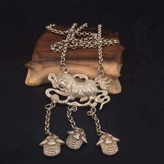 Tibetan Silver Feng Shui Lion Dog Beast Amulet Necklace Pendant Old Chinese Gift 07FC0E-D4 - KOEEK