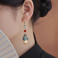 Chinese Style Enamel Red Pearl Dangle Earrings Chinese Hanfu Jewelry 07FC0E-D4 - KOEEK