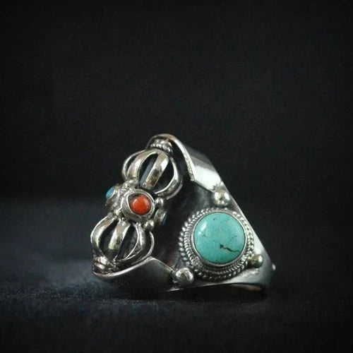 Handmade Nepali Tibetan Turquoise Ring Rotatable Vintage Adjustable 07FC0E-D4 - KOEEK