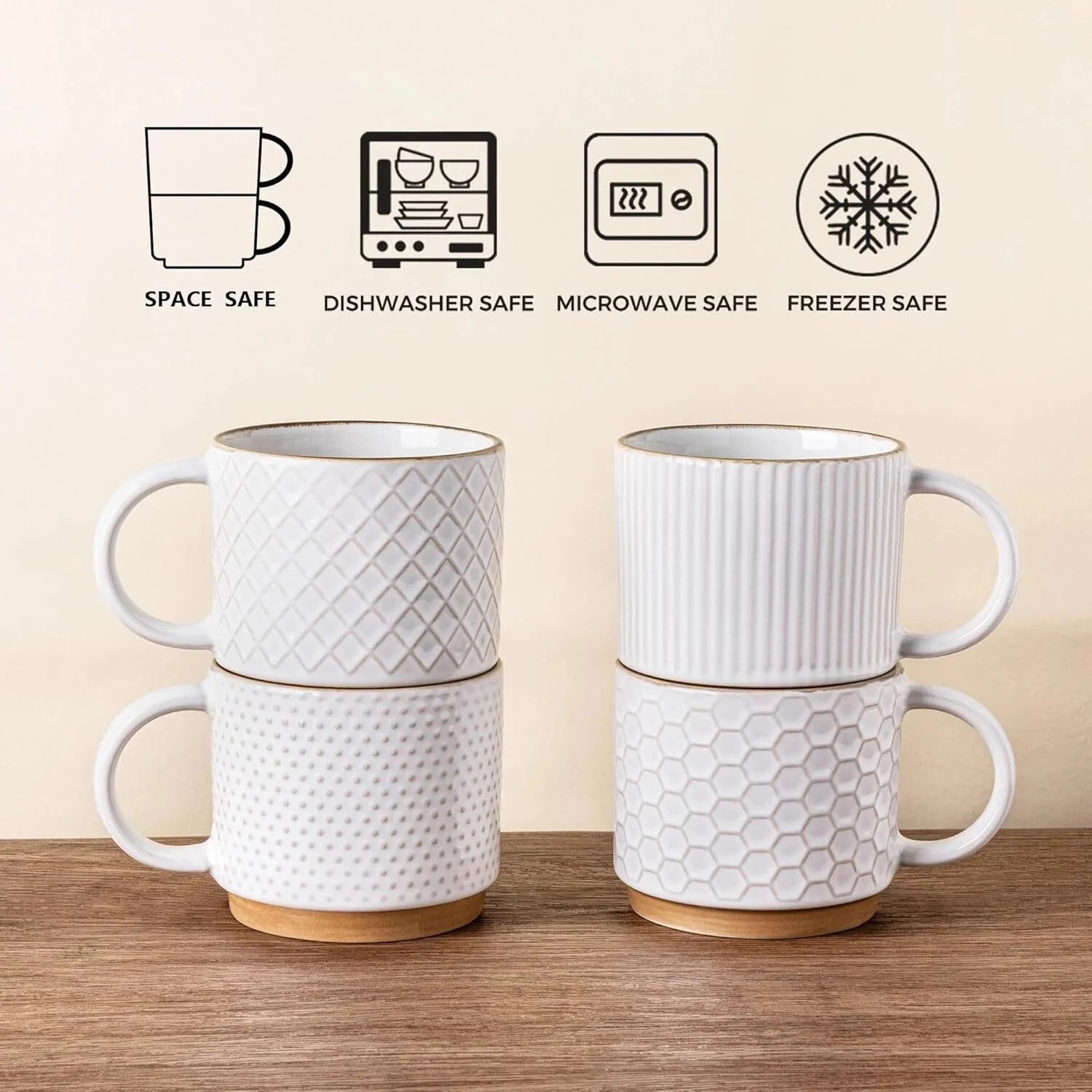 12OZ Stackable Coffee Mugs, Ceramic Coffee Mugs with Texture Patterns 07FC0E-D4 - KOEEK [6]