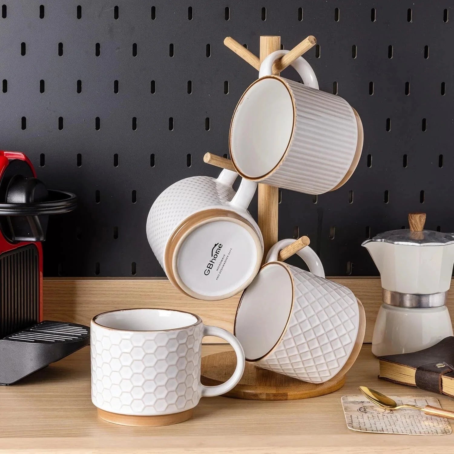 12OZ Stackable Coffee Mugs, Ceramic Coffee Mugs with Texture Patterns 07FC0E-D4 - KOEEK [7]
