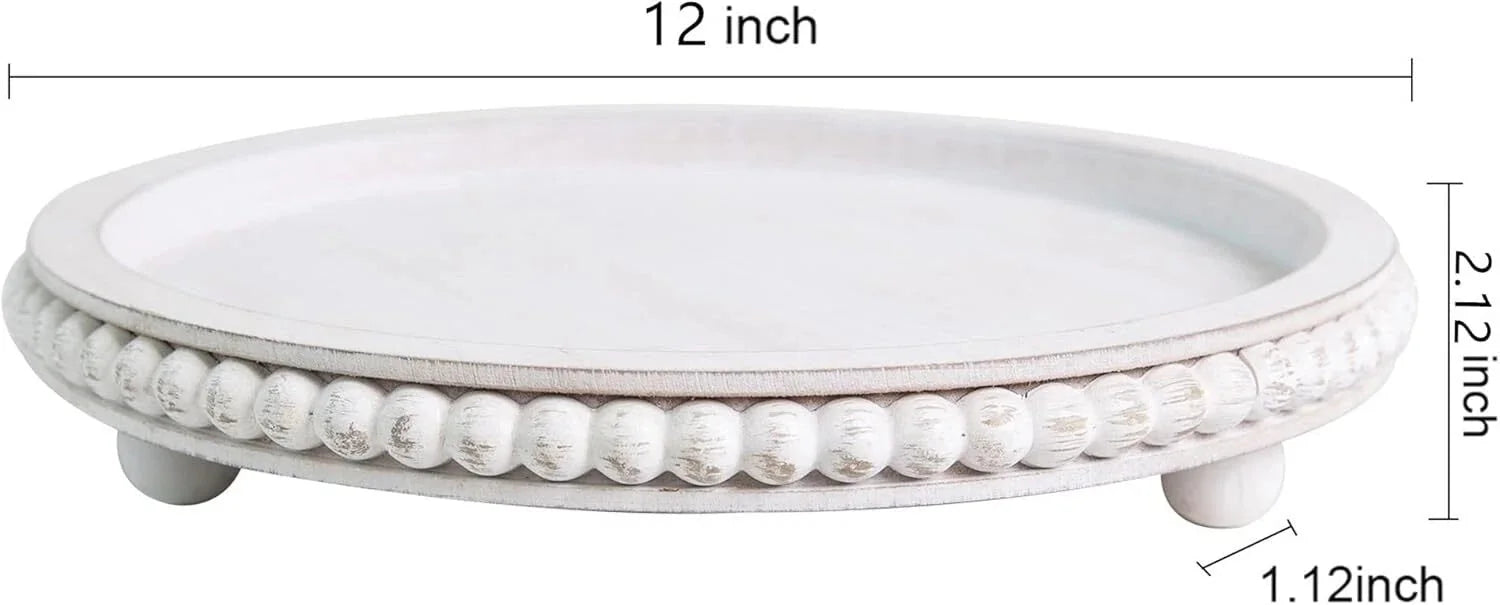 12in Round Wood Beaded Tray -White, Distressed,Farmhouse Rustic -Decorative Tray 07FC0E-D4 - KOEEK [7]