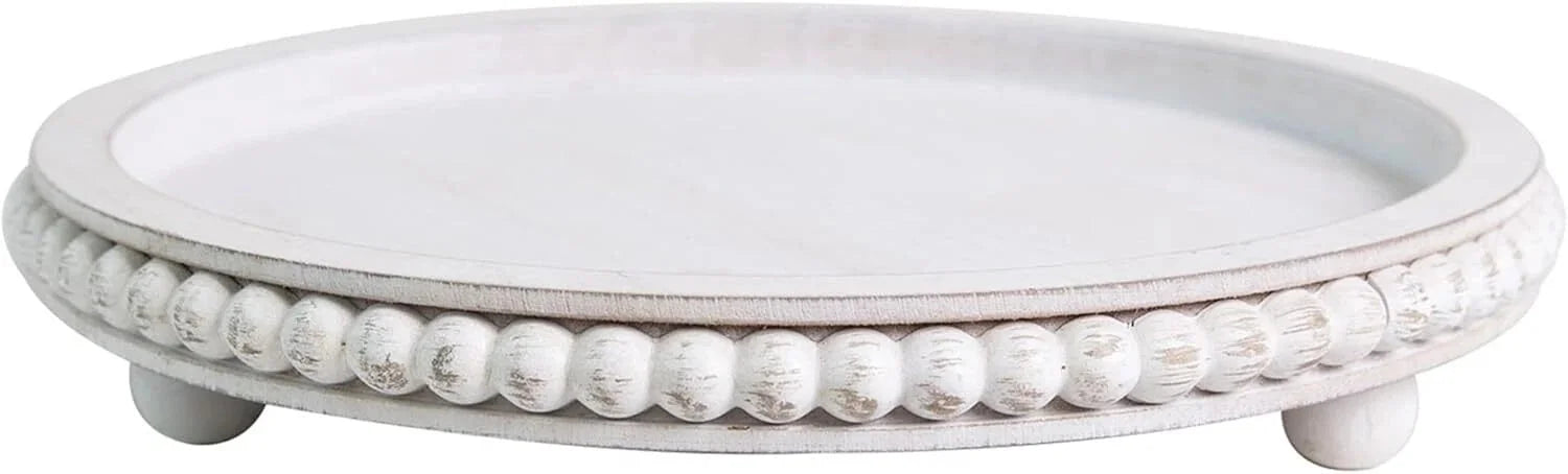 12in Round Wood Beaded Tray -White, Distressed,Farmhouse Rustic -Decorative Tray 07FC0E-D4 - KOEEK [9]