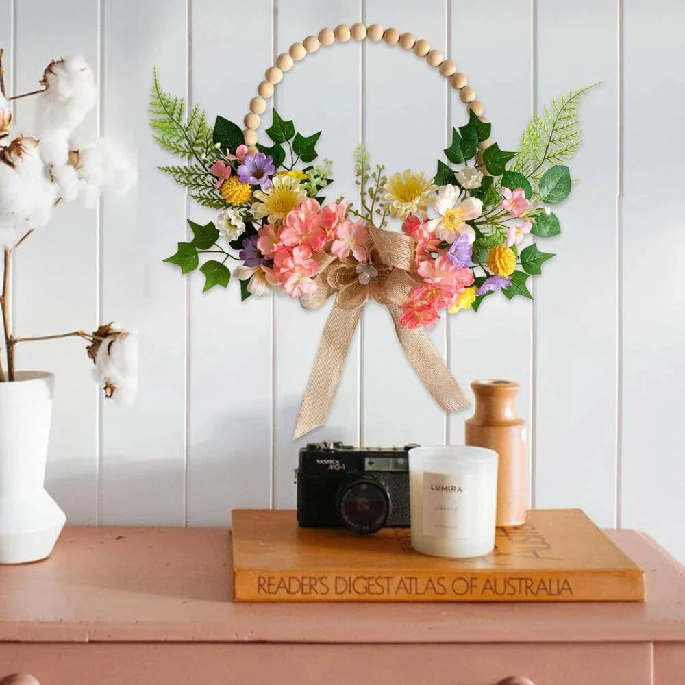 16 Inch Artificial Spring Wooden Bead Wreath with Flower Bow Summer Hydrangea 07FC0E-D4 - KOEEK [1]