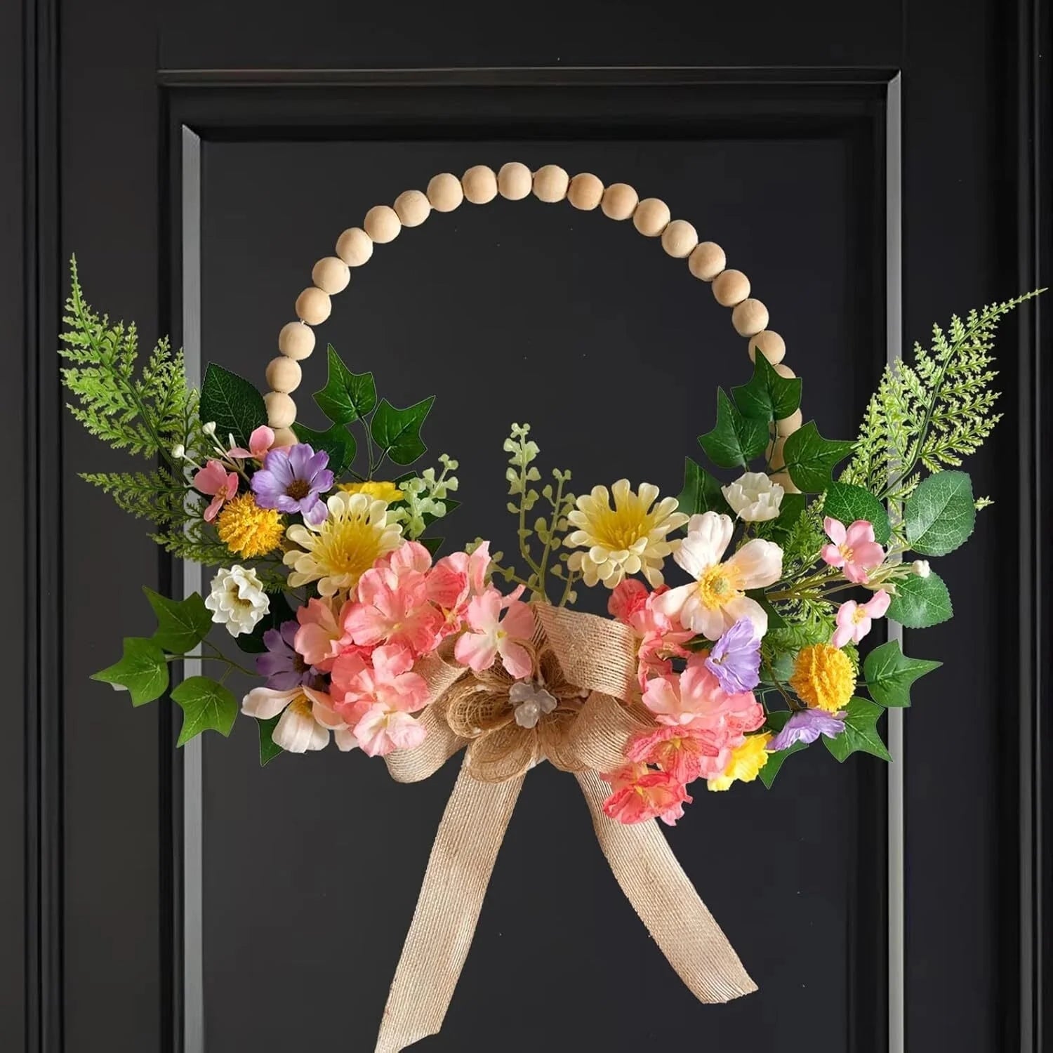 16 Inch Artificial Spring Wooden Bead Wreath with Flower Bow Summer Hydrangea 07FC0E-D4 - KOEEK [2]