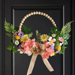 16 Inch Artificial Spring Wooden Bead Wreath with Flower Bow Summer Hydrangea 07FC0E-D4 - KOEEK [2]