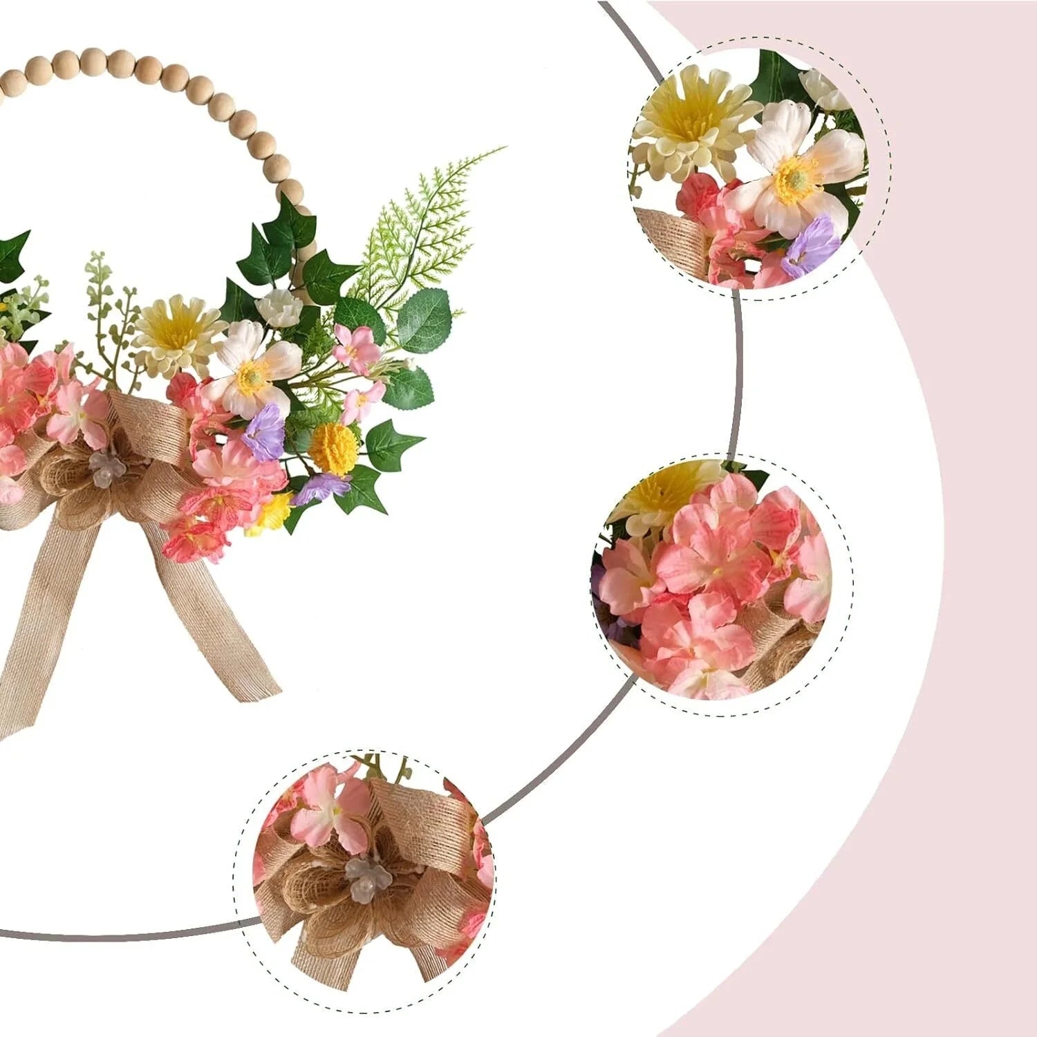16 Inch Artificial Spring Wooden Bead Wreath with Flower Bow Summer Hydrangea 07FC0E-D4 - KOEEK [3]