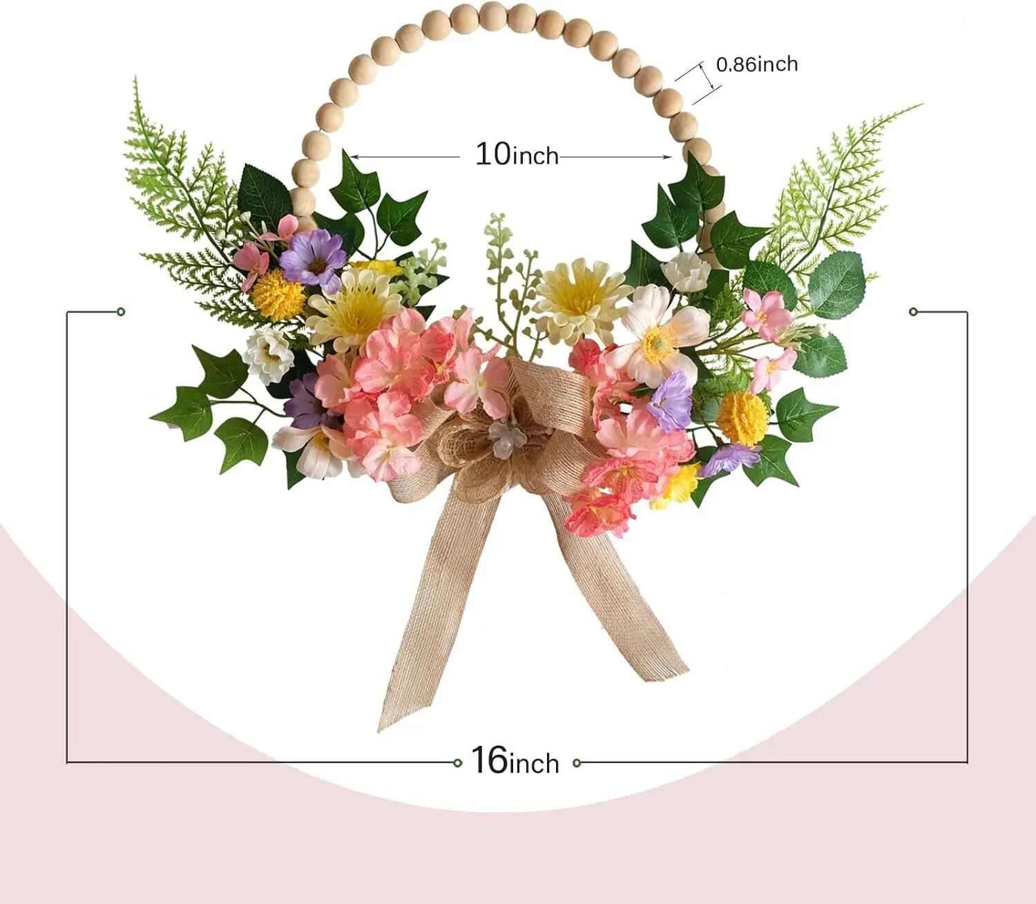 16 Inch Artificial Spring Wooden Bead Wreath with Flower Bow Summer Hydrangea 07FC0E-D4 - KOEEK [4]