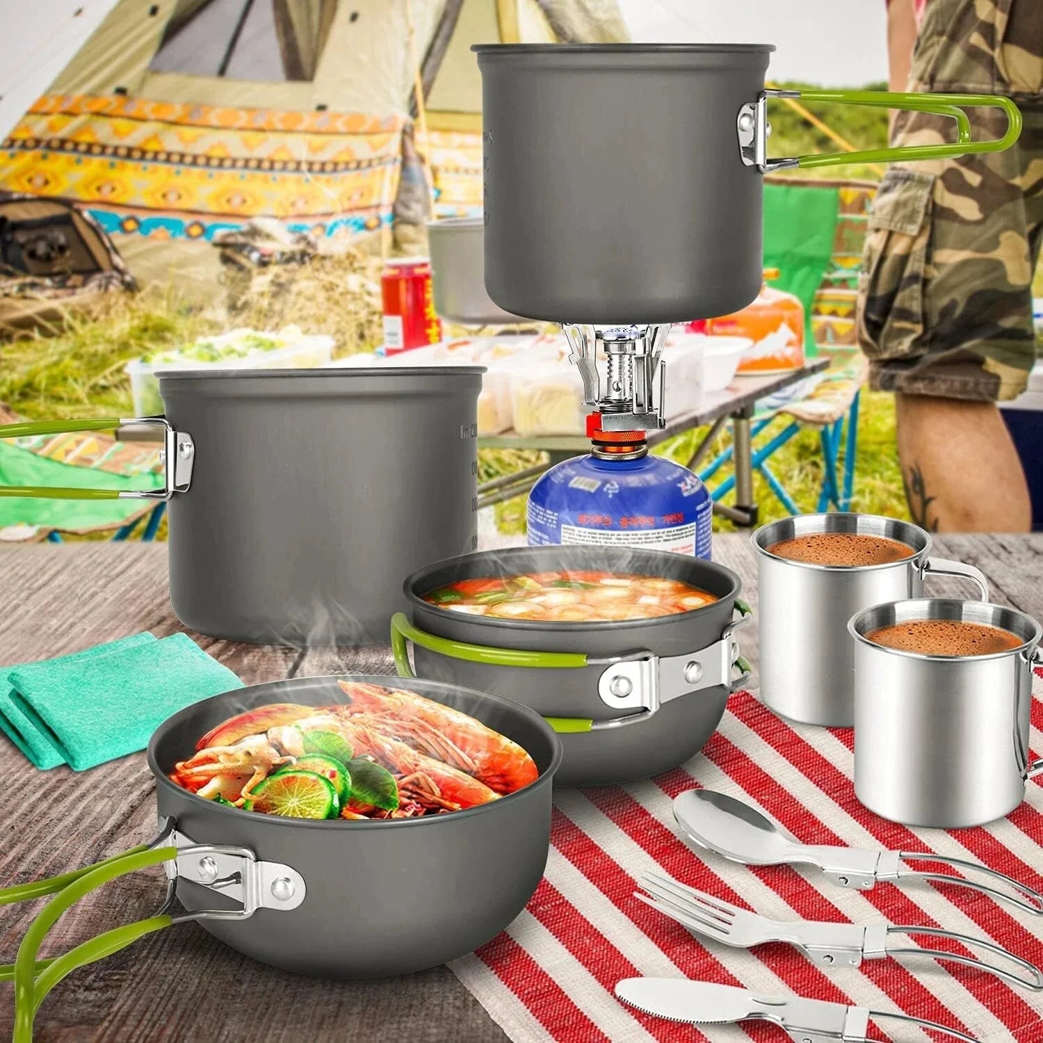 16-Piece Camping Cookware Set, Lightweight Pots and Pans Mini Stove with 2 Cups 07FC0E-D4 - KOEEK [2]