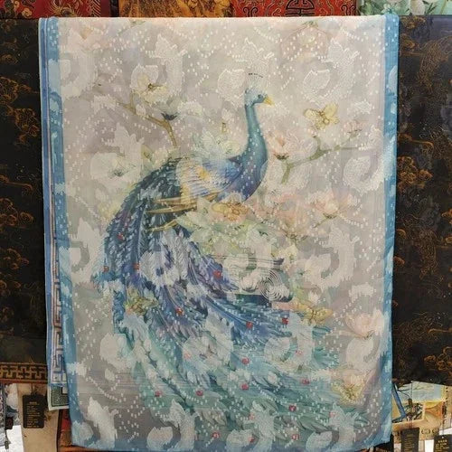 180x70cm Peacock Print Xiangyun Silk Scarf Chinese Style Shawl Wrap 07FC0E-D4 - KOEEK [2]