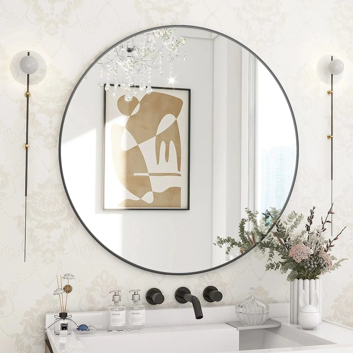 24 Inch Round Mirror, Metal Frame Circle Mirror, Wall Mounted for Entryway 07FC0E-D4 - KOEEK [1]