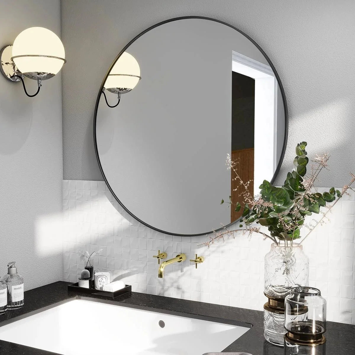 24 Inch Round Mirror, Metal Frame Circle Mirror, Wall Mounted for Entryway 07FC0E-D4 - KOEEK [8]