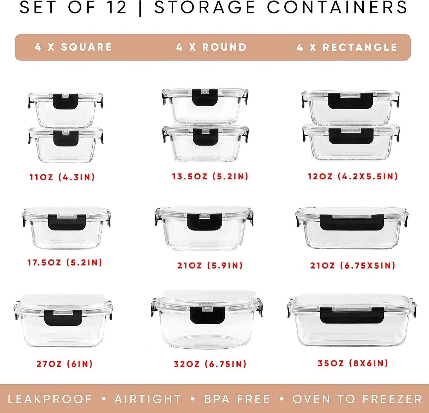 24pc Kitchen Storage Containers with Lids, Glass Meal Prep Container for Lunch 07FC0E-D4 - KOEEK [3]