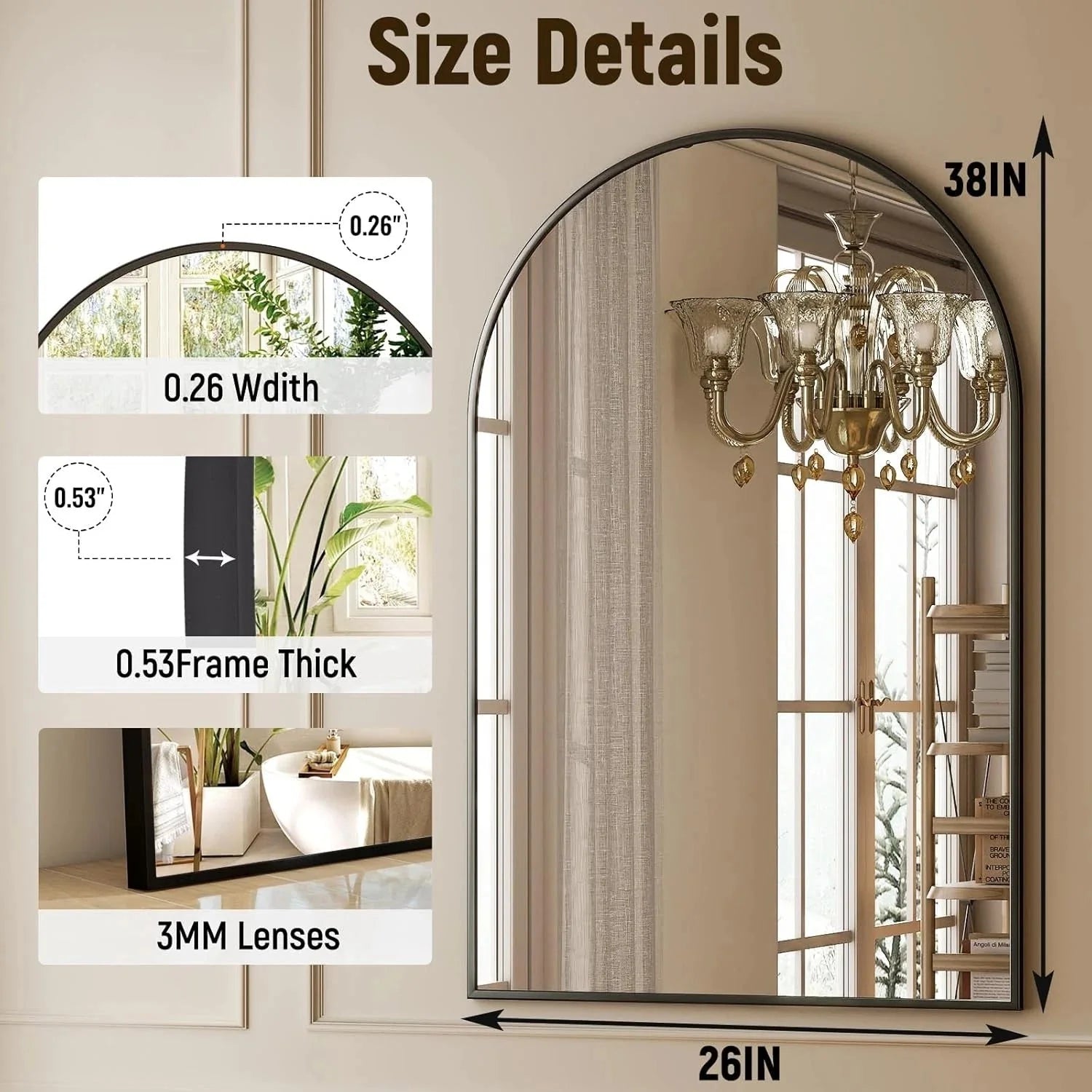 26x38inch Arch Bathroom Mirror-Arched Bathroom Mirror/Wall Mounted Vanity Mirror 07FC0E-D4 - KOEEK [5]