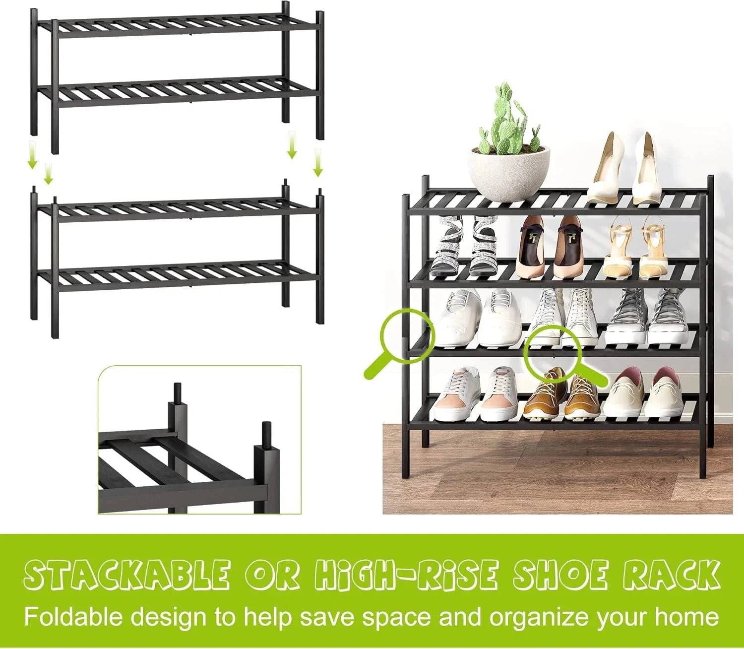 2-Tier Bamboo Shoe Rack Premium Stackable Shoe Shelf Storage Organizer 07FC0E-D4 - KOEEK [5]