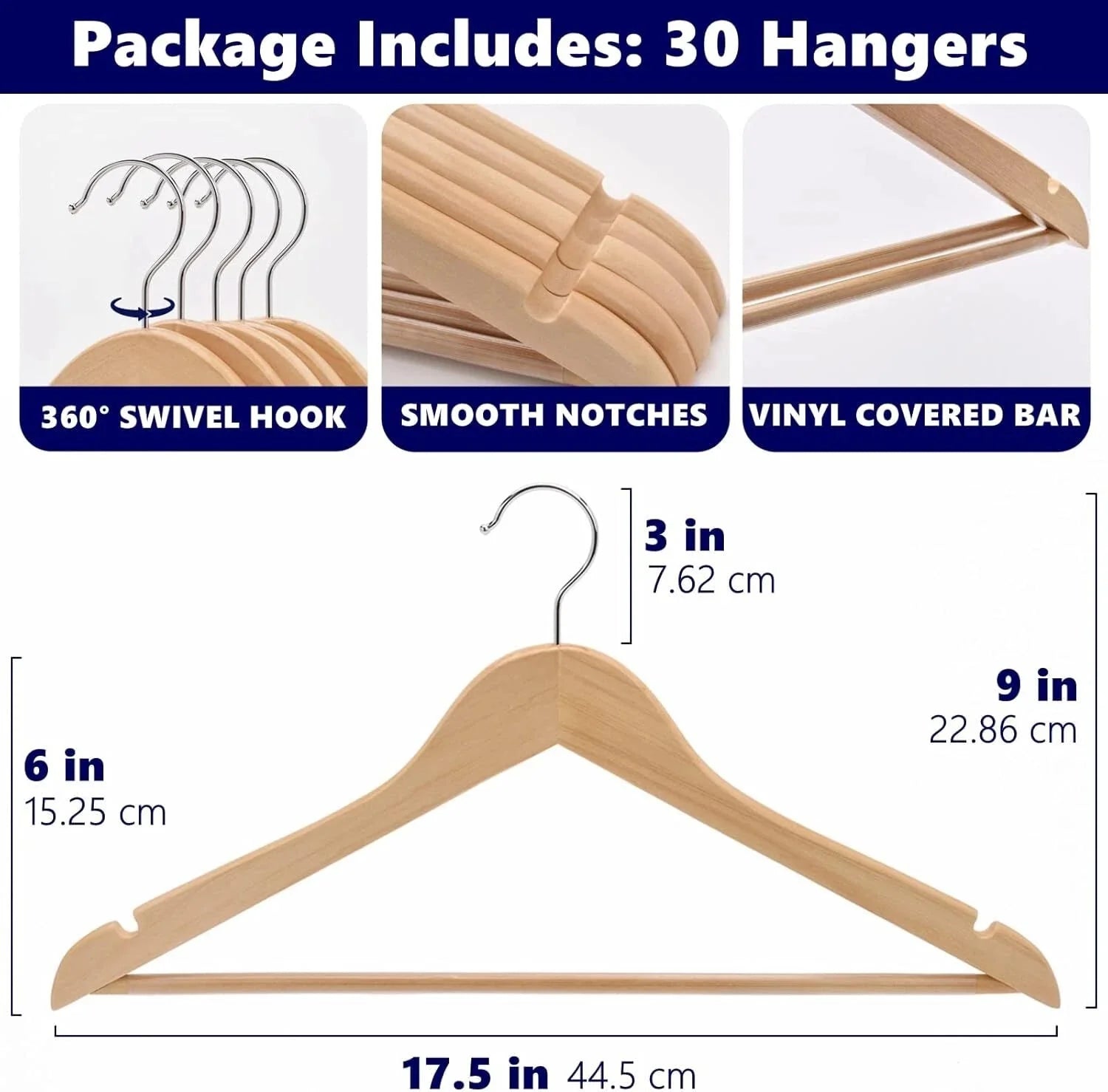 30 Pack Wooden Hanger, Natural Wooden Suit Hanger with Non-Slip Trouser Bar 07FC0E-D4 - KOEEK [2]