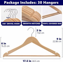 30 Pack Wooden Hanger, Natural Wooden Suit Hanger with Non-Slip Trouser Bar 07FC0E-D4 - KOEEK [2]