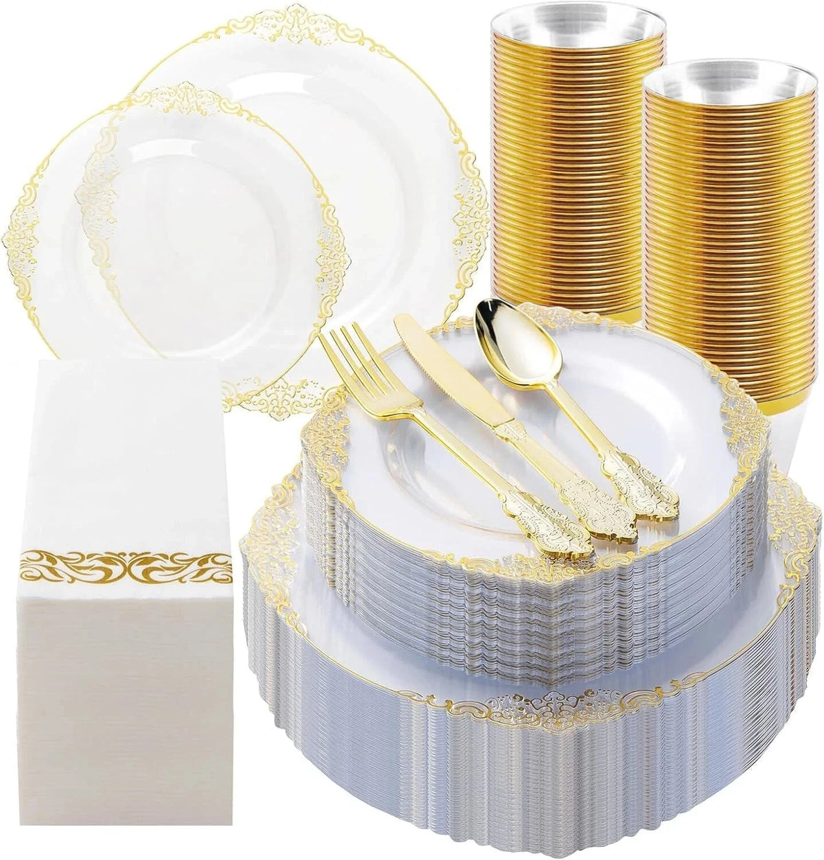 350PCS Clear Gold Plastic Plates for 50 Guests, Disposable Tableware 07FC0E-D4 - KOEEK [1]